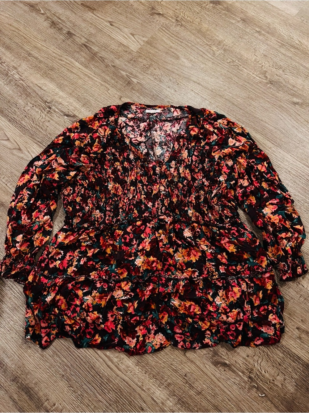 Maurices Black Floral Smocked V-Neck Tunic with Red, Pink and Orange Accents